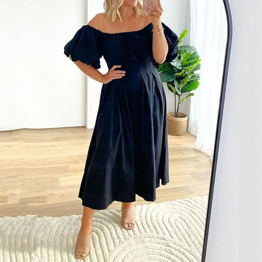 Stylish Plus Size Solid Color Dress: Puff Sleeves, Nipped Waist