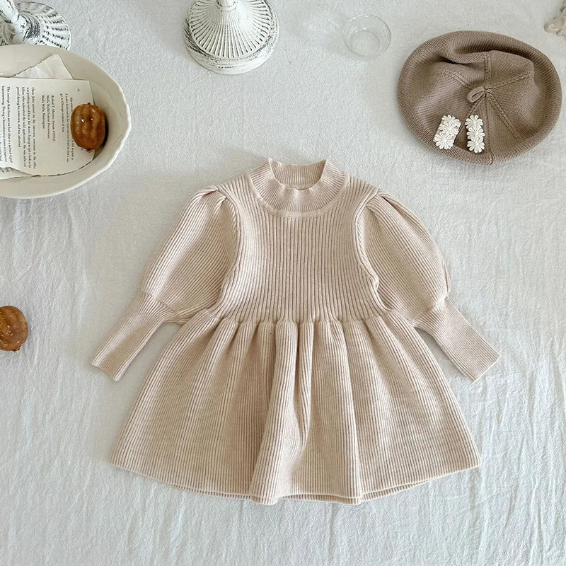 Autumn Princess-Style Puff Sleeve Knit Sweater Dress