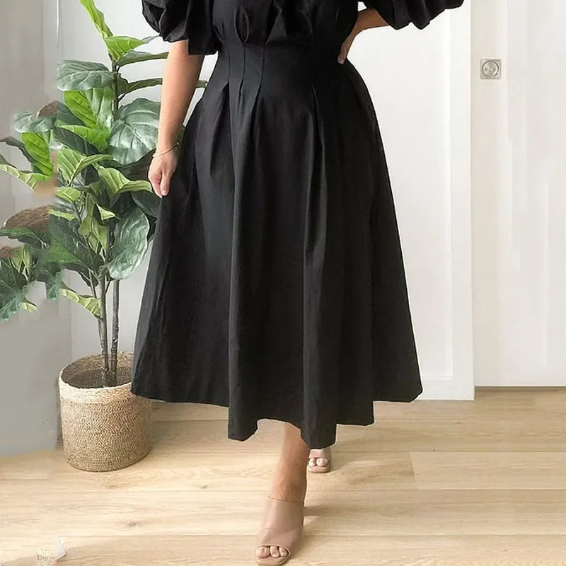 Stylish Plus Size Solid Color Dress: Puff Sleeves, Nipped Waist