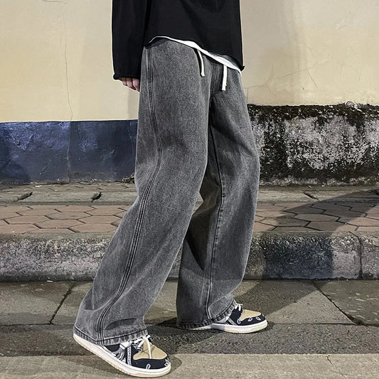 Korean-style Men Straight-leg Denim Baggy Jeans with Elastic Waist