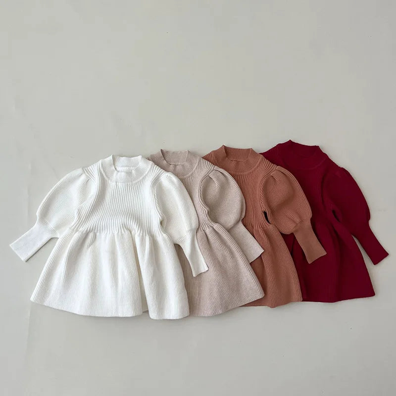 Autumn Princess-Style Puff Sleeve Knit Sweater Dress