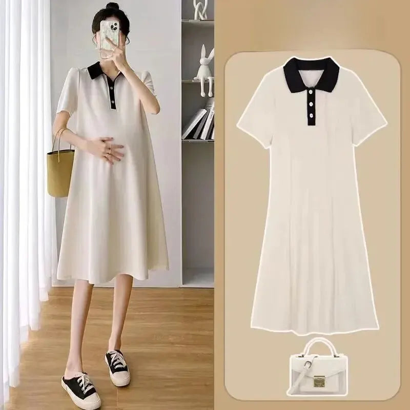 Summer Short-Sleeved Comfortable and Breathable Polo Maternity Dress
