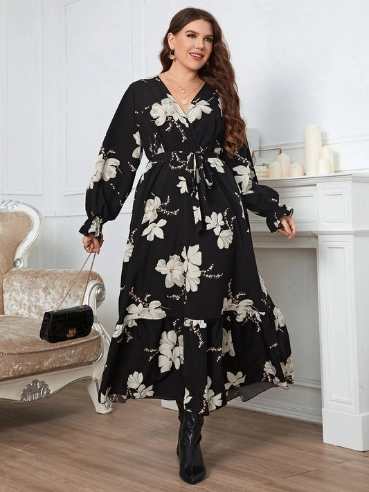 Plus Size V-Neck Floral printed Long-sleeve Women Dress with Waist Belt