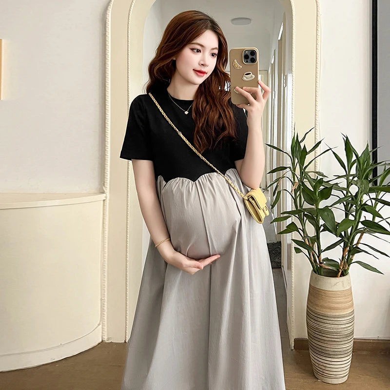 French-Style High Waist Elegant  A-Line Maternity Dress